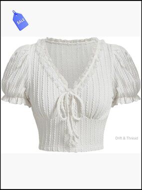 Knot Front Lace Trim Puff Sleeve V Neck Crop Tee Shirt Top